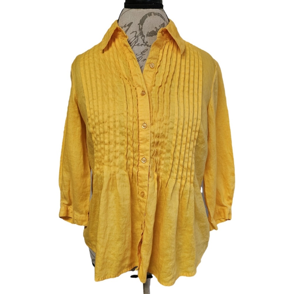Coldwater Creek 100% Linen Mango Orange Pleated Button Front Blouse Size PXS